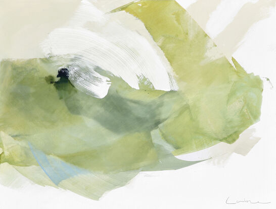 Large strokes of layered washes  in mustard greens, sage, grey greens and beige with a touch of  light blue an navy. 