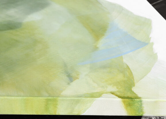 Large strokes of layered washes  in mustard greens, sage, grey greens and beige with a touch of  light blue an navy. 