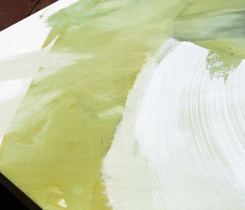 Large strokes of layered washes  in mustard greens, sage, grey greens and beige with a touch of  light blue an navy. 