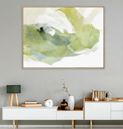 Large strokes of layered washes  in mustard greens, sage, grey greens and beige with a touch of  light blue an navy. 