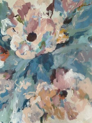 Peach pink purple and white abstract flowers with blue green abstract leaves 