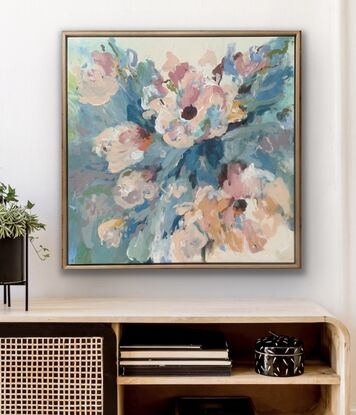 Peach pink purple and white abstract flowers with blue green abstract leaves 