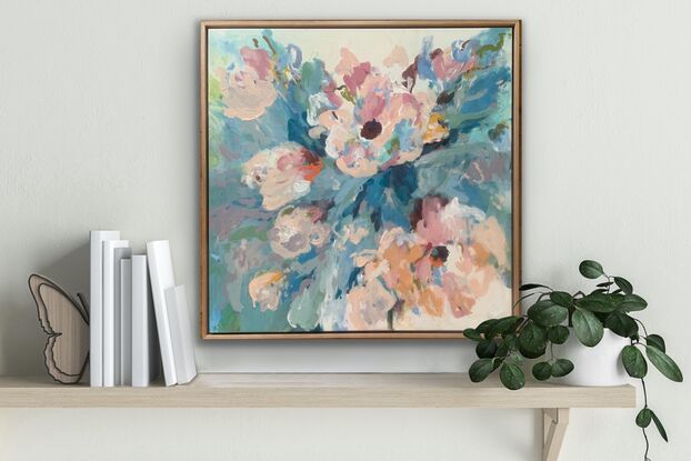 Peach pink purple and white abstract flowers with blue green abstract leaves 