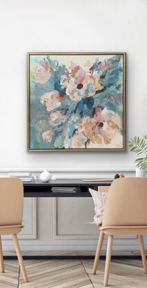 Peach pink purple and white abstract flowers with blue green abstract leaves 