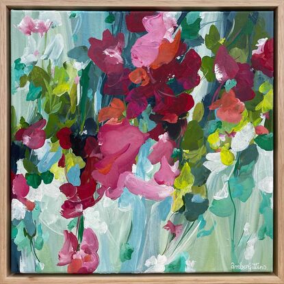 Light blue and red flower abstract painting with a natural floating frame