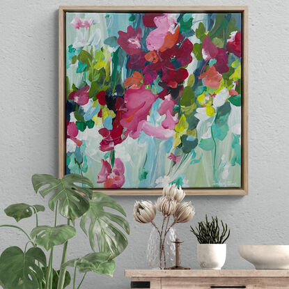 Light blue and red flower abstract painting with a natural floating frame