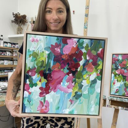 Light blue and red flower abstract painting with a natural floating frame