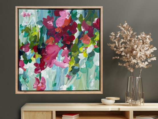 Light blue and red flower abstract painting with a natural floating frame