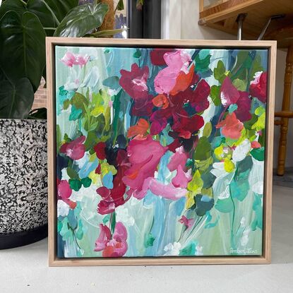 Light blue and red flower abstract painting with a natural floating frame