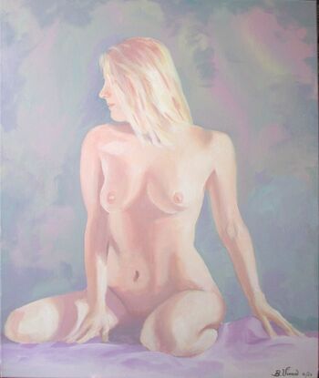 front view of blonde female nude kneeling and looking to her side