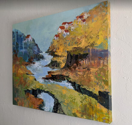 In the painting Village on the Top Peak a majestic river rushes through towering cliffs, carving a path towards a secluded village perched atop a lofty peak. The village, surrounded by rugged mountains exudes an aura of serene isolation. The painting portrays the harmonious coexistence of nature's grandeur and human resilience.






