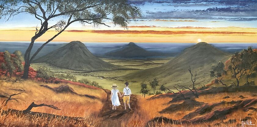 Two children holding hands on the Australian Outback trail home