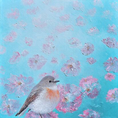 Textured oil painting of an Australian Scarlet Robin in the foreground of a field of dancing pink poppies. The robin bird has a light brown head, back and wings and a white breast with a touch of red. The pink poppies are on a green background.