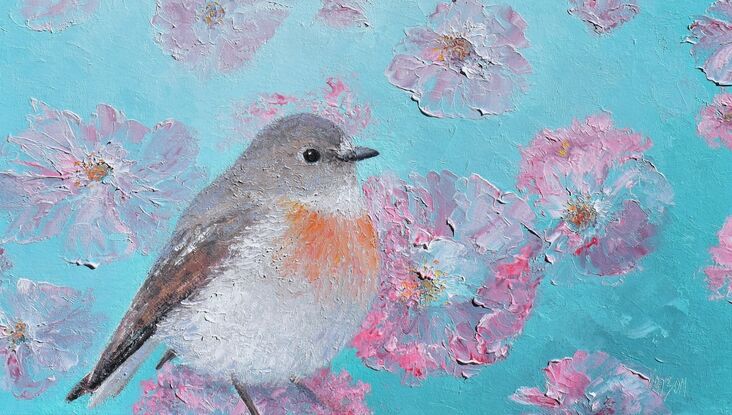 Textured oil painting of an Australian Scarlet Robin in the foreground of a field of dancing pink poppies. The robin bird has a light brown head, back and wings and a white breast with a touch of red. The pink poppies are on a green background.