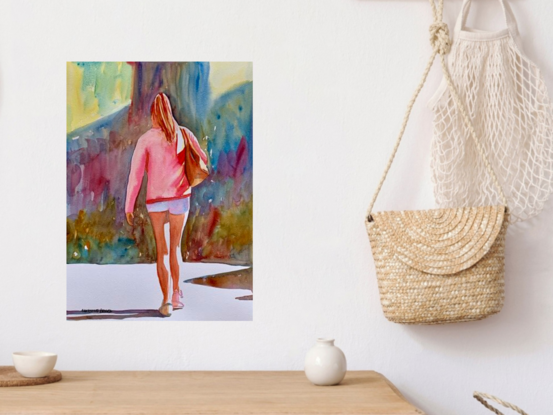  artwork image of a woman walking in the sunshine