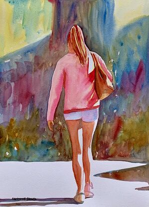  artwork image of a woman walking in the sunshine