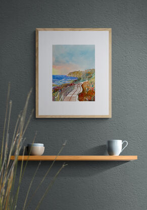 artwork image of a coastal boardwalk in the sunshine