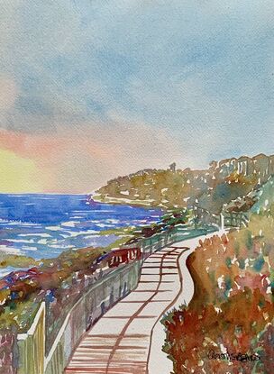 artwork image of a coastal boardwalk in the sunshine