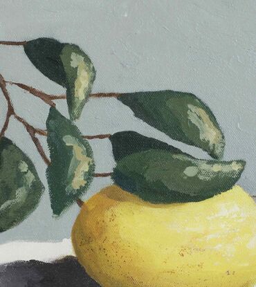 A lemon on a branch with leaves painted with subtle texture on a cream base and a blue grey background