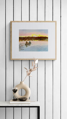 artwork image of a men canoeing on a lake