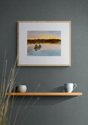 artwork image of a men canoeing on a lake