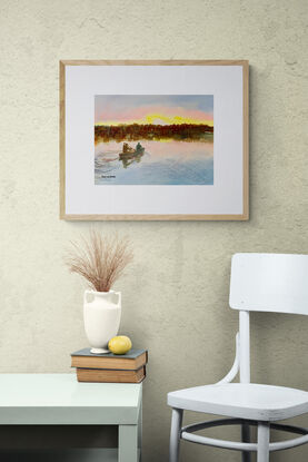 artwork image of a men canoeing on a lake