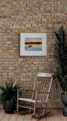 artwork image of a men canoeing on a lake