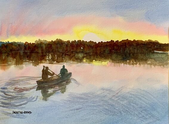 artwork image of a men canoeing on a lake