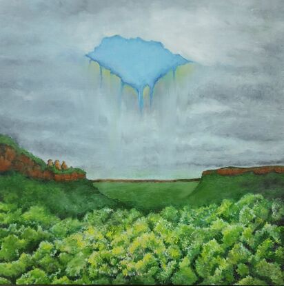 Painting of storm clouds over Jamison Valley Blue Mountains in Surrealist Style