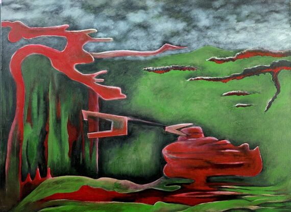 Dali style oil painting in red and green