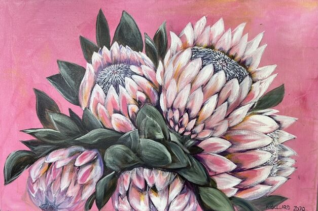 A big bowl of pink proteas
Loose painted technique 