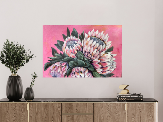 A big bowl of pink proteas
Loose painted technique 