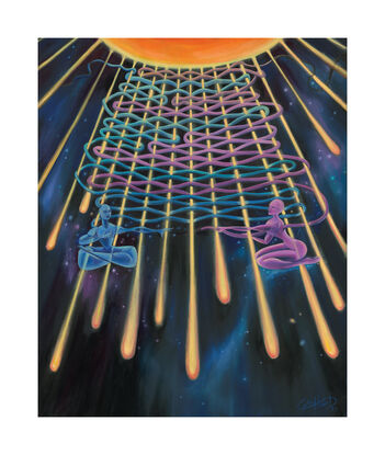 In this piece, rays of comet-like-light radiate from a celestial orb. Two figures sit on opposite sides of the light rays, each weaving their own ribbon of thread between the beams. Weaving a relationship is about reciprocity and the tapestry two people create over a history of exchanges.