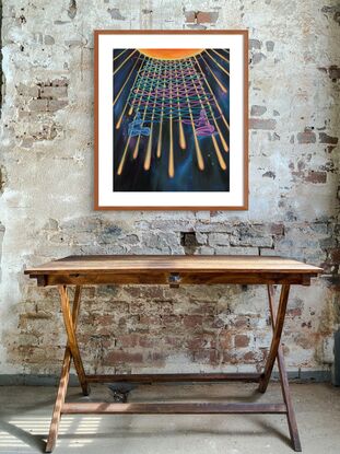 In this piece, rays of comet-like-light radiate from a celestial orb. Two figures sit on opposite sides of the light rays, each weaving their own ribbon of thread between the beams. Weaving a relationship is about reciprocity and the tapestry two people create over a history of exchanges.