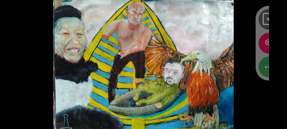 This is a visual representation of the the main characters within and influencing the Ukrainian conflict. The main protagonist Vladimir Putin is intentionally painted dominantly postured, and quite unflatteringly impaired. With Li Lin Pi to his left and the United States eagle to his right.