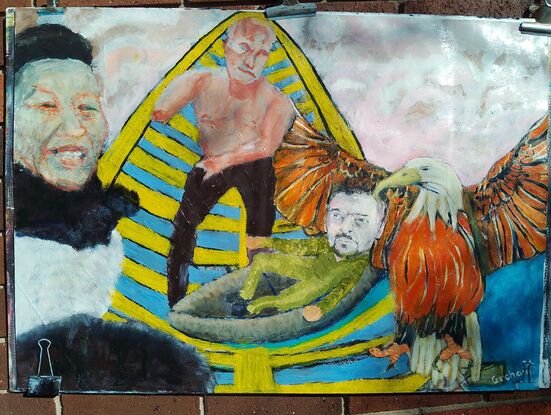 This is a visual representation of the the main characters within and influencing the Ukrainian conflict. The main protagonist Vladimir Putin is intentionally painted dominantly postured, and quite unflatteringly impaired. With Li Lin Pi to his left and the United States eagle to his right.