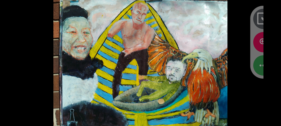 This is a visual representation of the the main characters within and influencing the Ukrainian conflict. The main protagonist Vladimir Putin is intentionally painted dominantly postured, and quite unflatteringly impaired. With Li Lin Pi to his left and the United States eagle to his right.