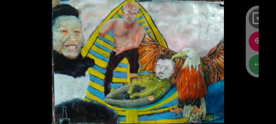 This is a visual representation of the the main characters within and influencing the Ukrainian conflict. The main protagonist Vladimir Putin is intentionally painted dominantly postured, and quite unflatteringly impaired. With Li Lin Pi to his left and the United States eagle to his right.