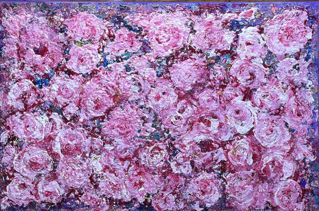 Purple textured background, with deep pink roses covering the canvas. The artwork has been created using a pallet knife, giving a depth to the roses.