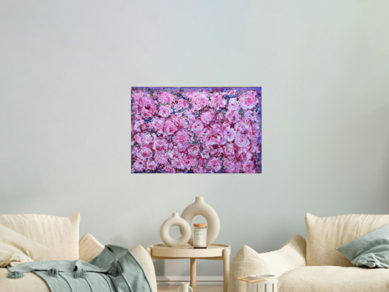 Purple textured background, with deep pink roses covering the canvas. The artwork has been created using a pallet knife, giving a depth to the roses.