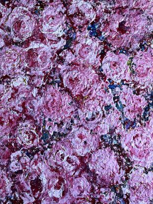 Purple textured background, with deep pink roses covering the canvas. The artwork has been created using a pallet knife, giving a depth to the roses.