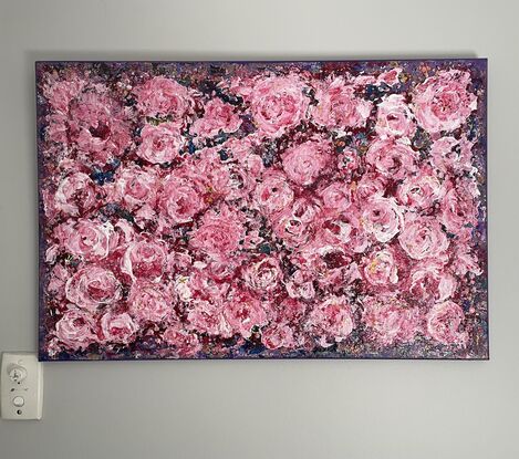 Purple textured background, with deep pink roses covering the canvas. The artwork has been created using a pallet knife, giving a depth to the roses.