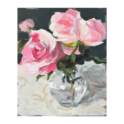 An original, expressive painting of a vase of pink roses, with visible brush work, ready to hang with chord fastened to the back.