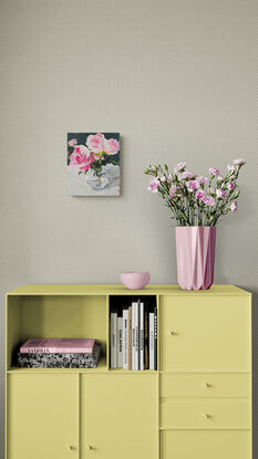 An original, expressive painting of a vase of pink roses, with visible brush work, ready to hang with chord fastened to the back.