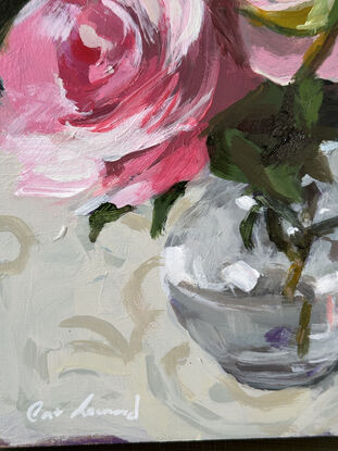 An original, expressive painting of a vase of pink roses, with visible brush work, ready to hang with chord fastened to the back.