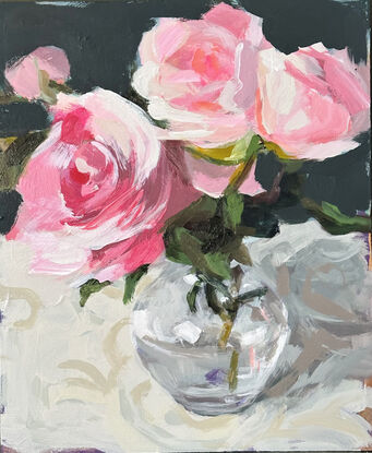 An original, expressive painting of a vase of pink roses, with visible brush work, ready to hang with chord fastened to the back.