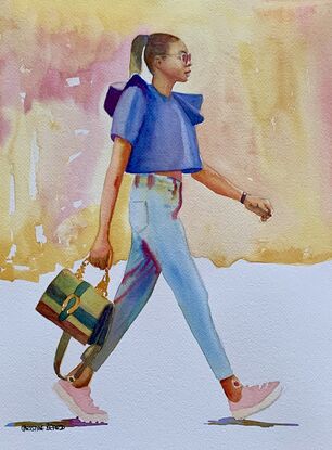 artwork image of a fashionably dressed woman walking along carrying her handbag