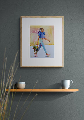 artwork image of a fashionably dressed woman walking along carrying her handbag