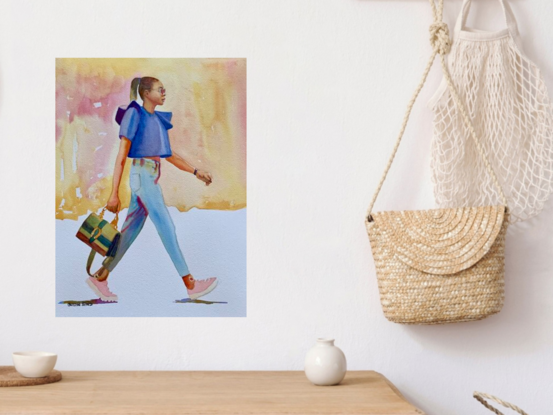 artwork image of a fashionably dressed woman walking along carrying her handbag