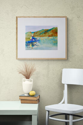 artwork image of a man canoeing on a lake